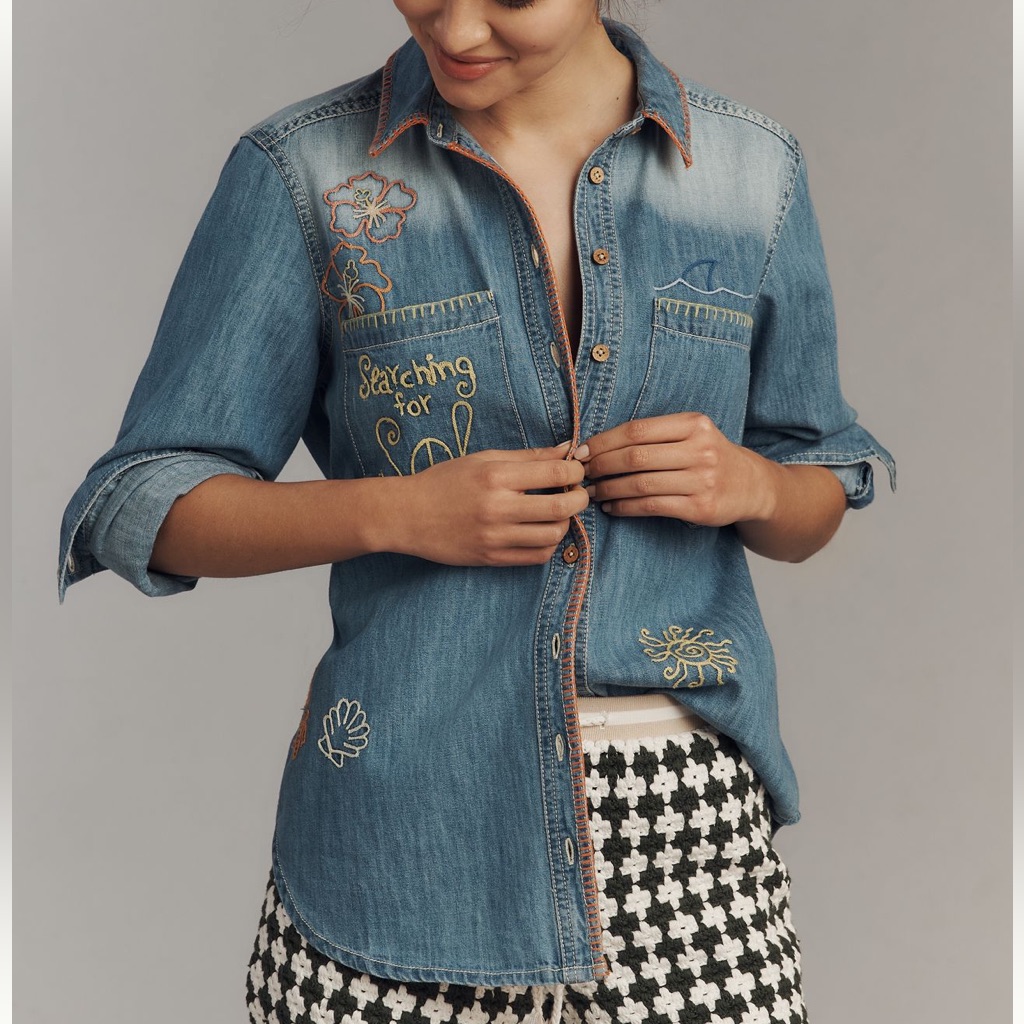 Anthropologie Embroidered Denim Shirt Pilcro Long Sleeve Button Down New Xs